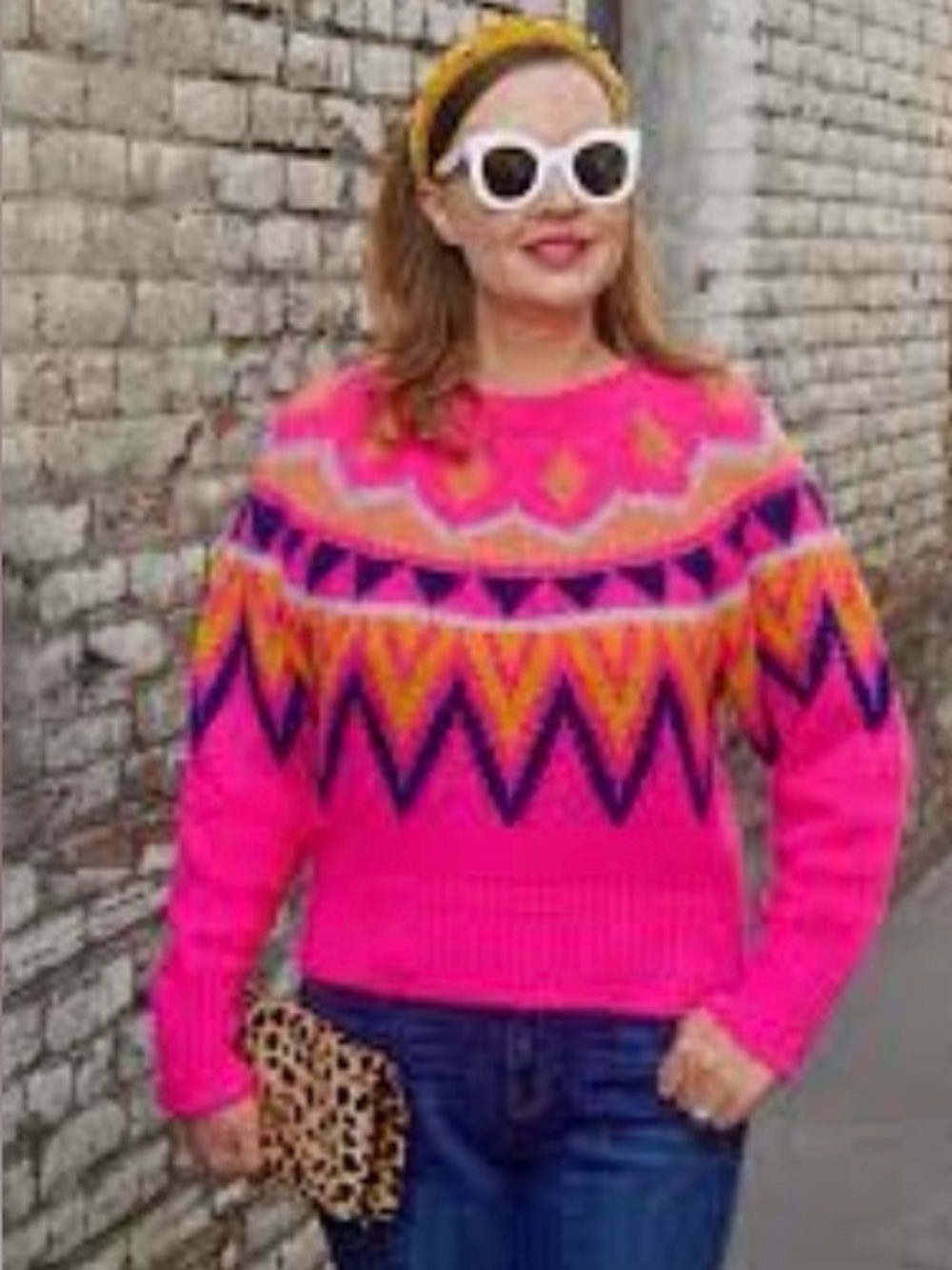 a new day Hot Pink Geometric Crewneck Sweater ptp 25 length 25